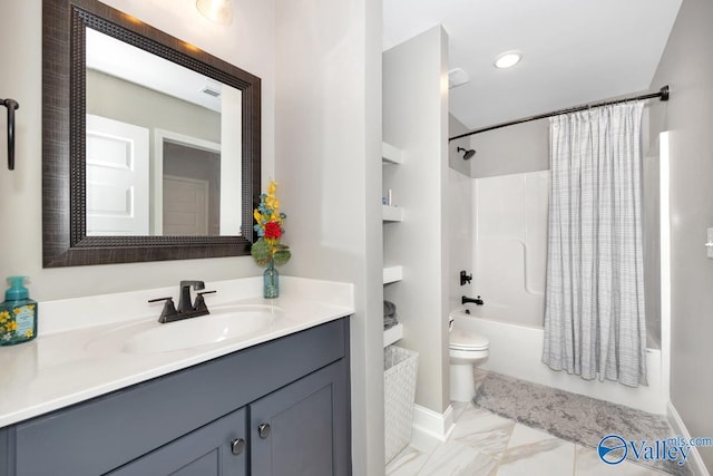 7528 Flint Crossing Cir, Owens Cross Roads, AL 35763 - bathroom with shower / tub combo, vanity, marble look tiles, and built in shelves