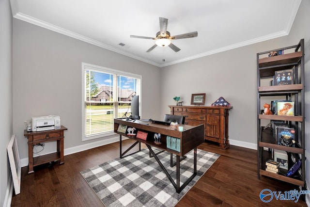 7528 Flint Crossing Cir, Owens Cross Roads, AL 35763 - home office featuring a ceiling fan, ornamental molding, and dark wood-style floors