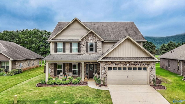 7326 Vidette Ln SE, Owens Cross Roads, AL 35763 - craftsman house with a porch, a front yard, a shingled roof, driveway, and a garage