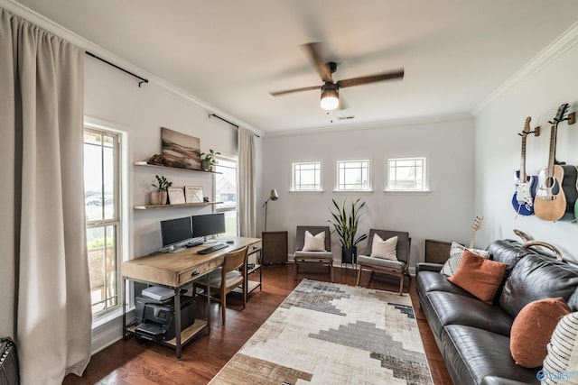 7326 Vidette Ln SE, Owens Cross Roads, AL 35763 - home office with ornamental molding, ceiling fan, and dark wood finished floors