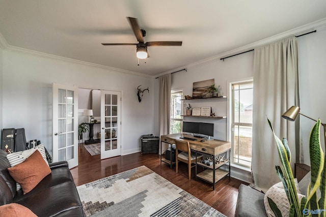 7326 Vidette Ln SE, Owens Cross Roads, AL 35763 - office space featuring french doors, healthy amount of natural light, ornamental molding, ceiling fan, and wood finished floors