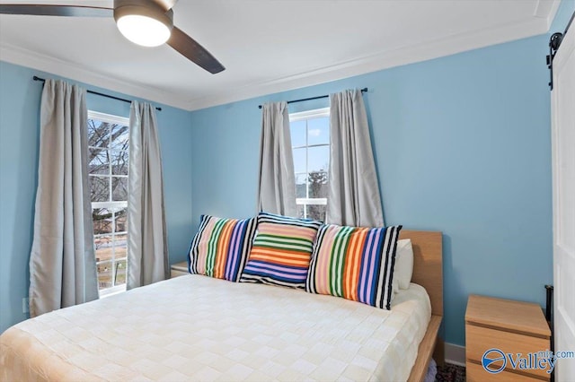 bedroom with crown molding, multiple windows, ceiling fan, and a barn door