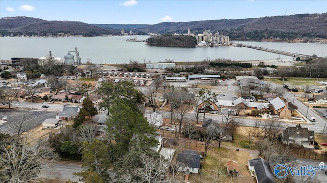 birds eye view of property featuring a water and mountain view