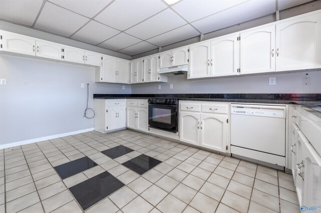 814 E Haven Dr, Glencoe, AL 35905 - kitchen featuring dishwasher, under cabinet range hood, wall oven, white cabinetry, and a drop ceiling
