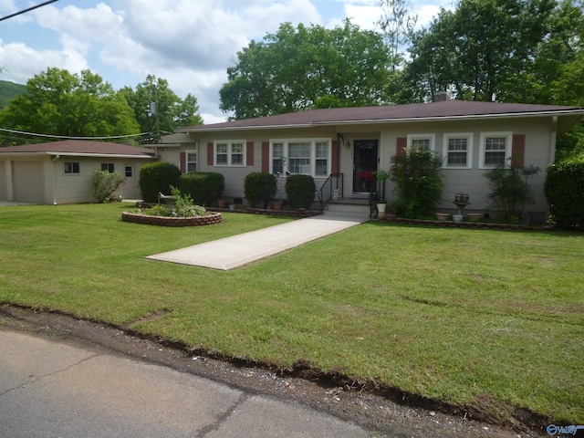 single story home with a chimney and a front yard