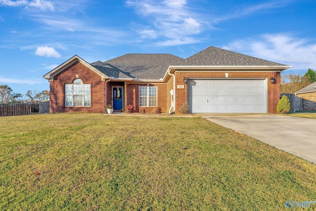 ranch-style house with a front yard and a garage