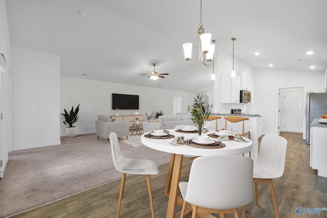 2452 Belltown Dr, Huntsville, AL 35803 - dining area featuring a ceiling fan, a chandelier, baseboards, wood finished floors, and recessed lighting