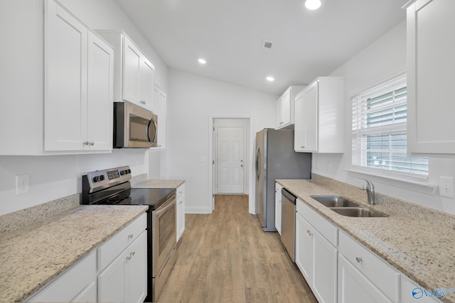 2452 Belltown Dr, Huntsville, AL 35803 - kitchen featuring appliances with stainless steel finishes, a sink, white cabinetry, light wood-style flooring, and recessed lighting