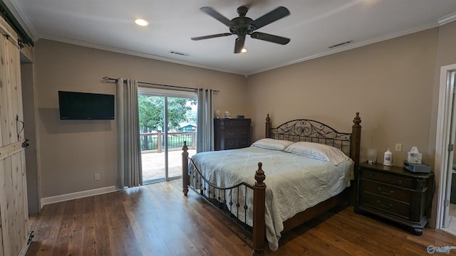 bedroom with access to exterior, ornamental molding, dark hardwood / wood-style floors, and ceiling fan