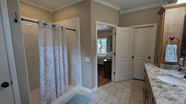 bathroom featuring walk in shower, vanity, tile patterned flooring, and crown molding