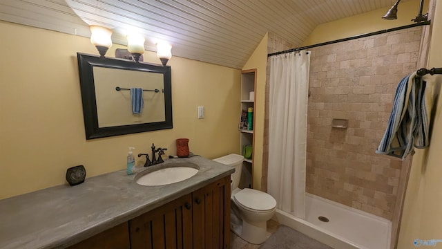 bathroom featuring a shower with shower curtain, vanity, toilet, and wood ceiling