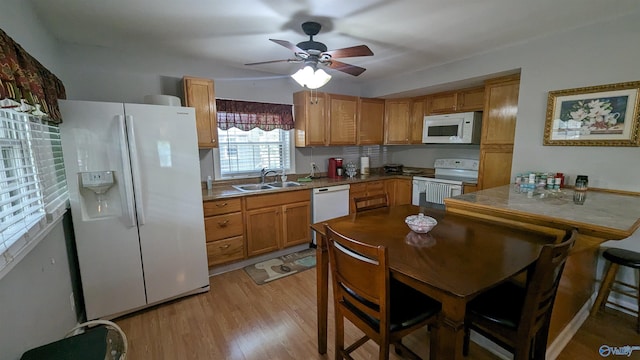 kitchen featuring ceiling fan, tile counters, light wood-type flooring, white appliances, and sink