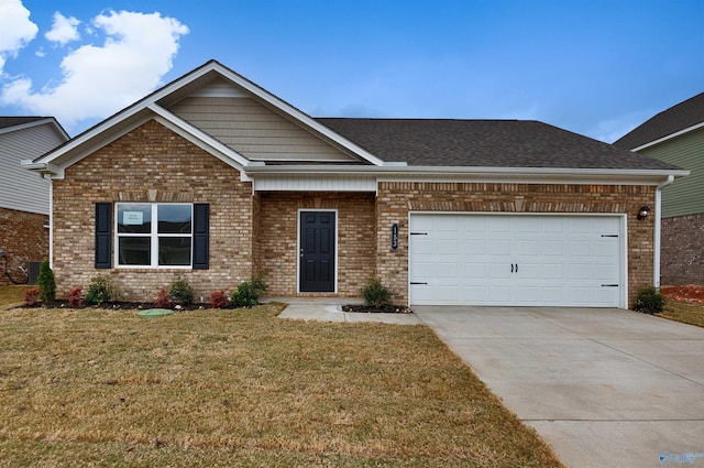 view of front of home with central AC unit, a garage, and a front lawn