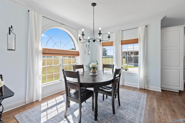 dining room with an inviting chandelier, dark hardwood / wood-style floors, crown molding, and a wealth of natural light