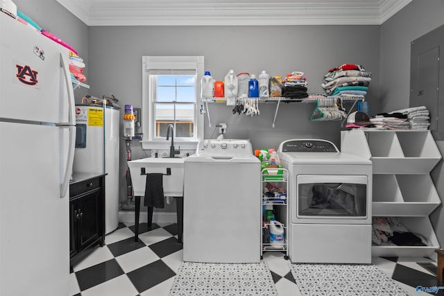 laundry area with independent washer and dryer, ornamental molding, and water heater