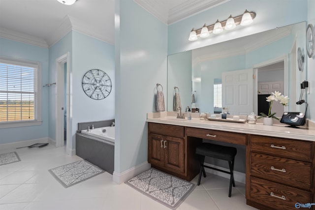 bathroom featuring vanity, ornamental molding, tile patterned floors, and a bathtub