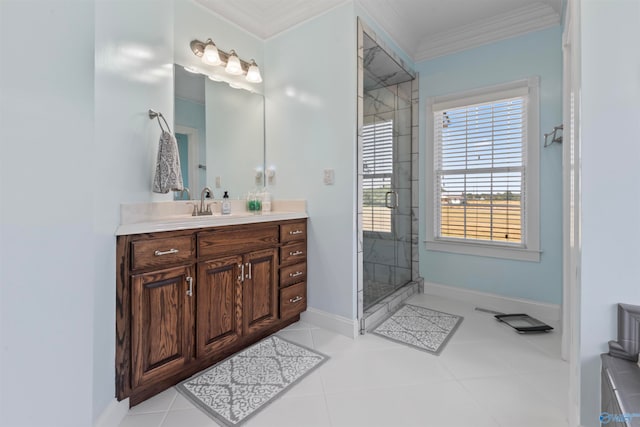 bathroom featuring vanity, crown molding, tile patterned flooring, and walk in shower