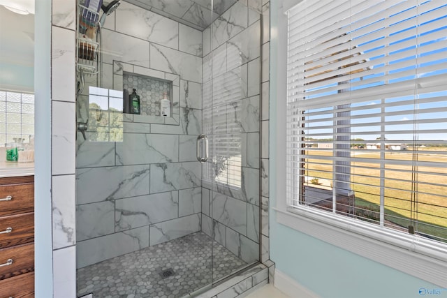 bathroom featuring a healthy amount of sunlight and a shower with shower door