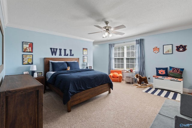 bedroom featuring crown molding, carpet floors, and ceiling fan