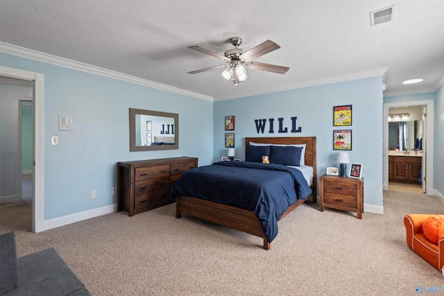 bedroom with ceiling fan, ornamental molding, and light colored carpet