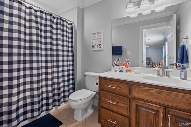 bathroom with toilet, tile patterned flooring, crown molding, curtained shower, and vanity