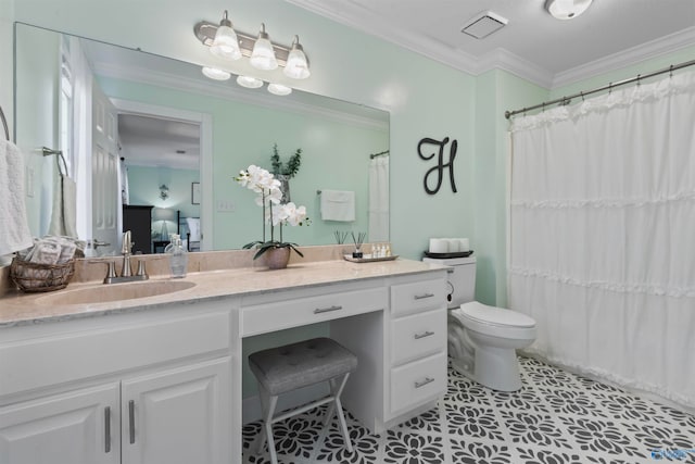 bathroom featuring vanity, a shower with curtain, ornamental molding, and toilet