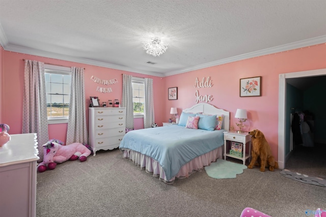 carpeted bedroom featuring crown molding and a textured ceiling