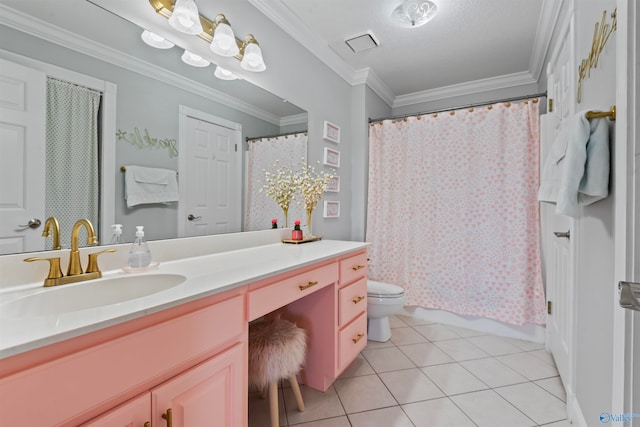 full bathroom featuring shower / bath combination with curtain, toilet, ornamental molding, vanity, and tile patterned floors