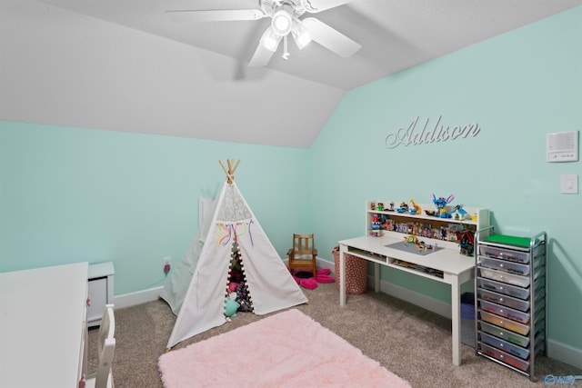 game room with lofted ceiling, carpet, and ceiling fan