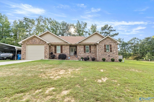 ranch-style home featuring a front yard and a garage