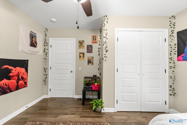 foyer entrance featuring ceiling fan and hardwood / wood-style floors