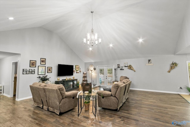 living room with lofted ceiling, dark wood-type flooring, and a chandelier