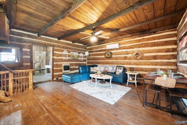 living room featuring heating unit, hardwood / wood-style floors, beamed ceiling, wood ceiling, and a ceiling fan