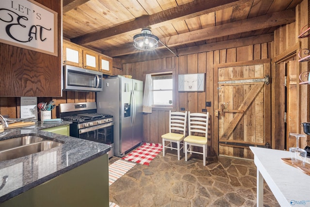 kitchen with a sink, wood ceiling, wooden walls, and stainless steel appliances
