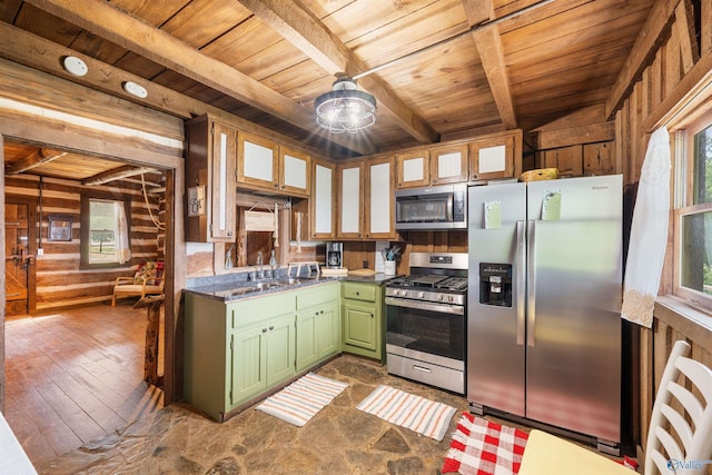 kitchen with wood walls, stainless steel appliances, beamed ceiling, wood ceiling, and green cabinets