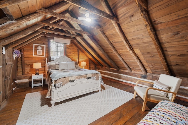 bedroom featuring wooden walls, wood ceiling, lofted ceiling with beams, and dark wood-type flooring