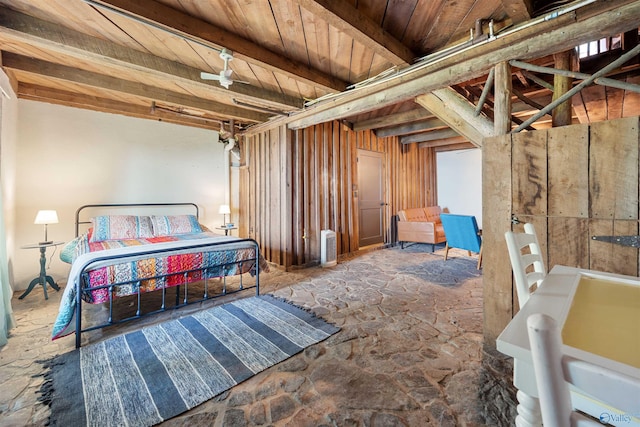 bedroom with wooden ceiling and beamed ceiling