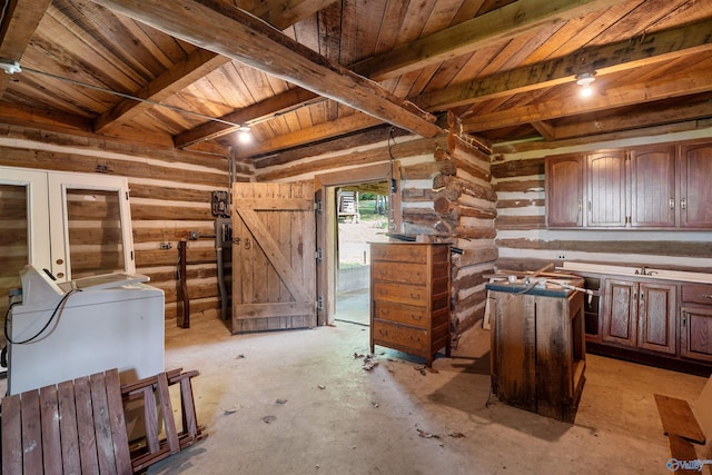 miscellaneous room with french doors, washer / clothes dryer, wood walls, wooden ceiling, and beamed ceiling