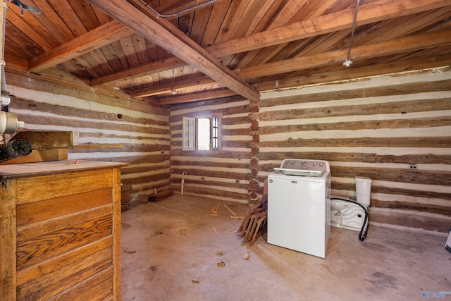 interior space featuring washer / dryer, wood ceiling, beamed ceiling, and wood walls