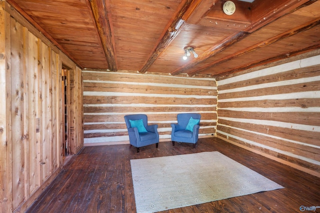 unfurnished room featuring wooden walls, dark wood-style floors, and wooden ceiling