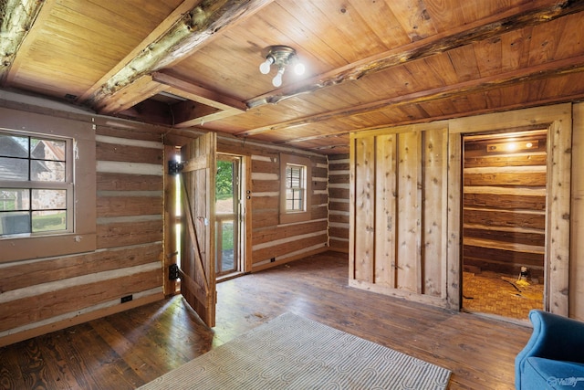 unfurnished room featuring wooden walls, wooden ceiling, wood-type flooring, and beamed ceiling