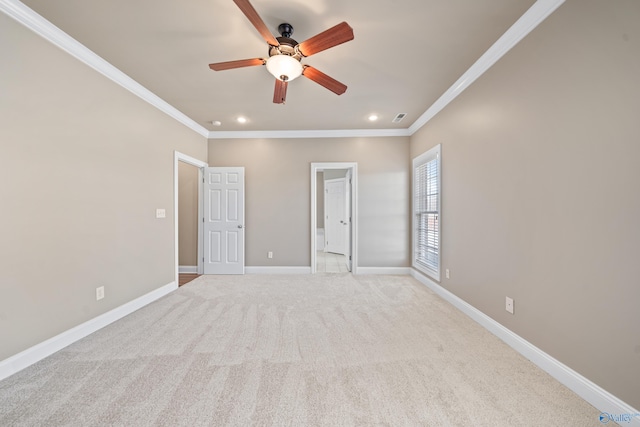 unfurnished room with recessed lighting, light colored carpet, visible vents, baseboards, and ornamental molding