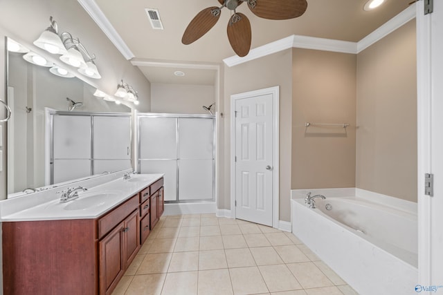 bathroom with ornamental molding, a sink, visible vents, and tile patterned floors