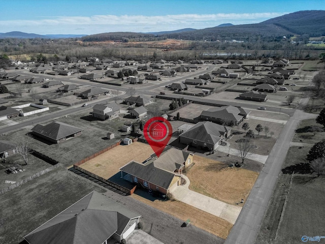 aerial view featuring a residential view and a mountain view