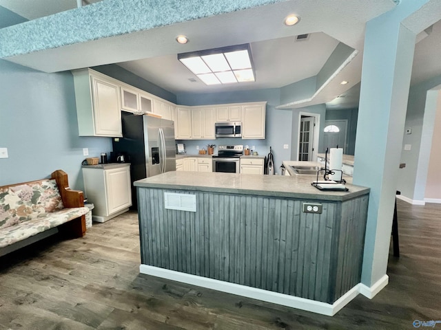 415 County Road 355, Leesburg, AL 35983 - kitchen with appliances with stainless steel finishes, wood finished floors, white cabinetry, a peninsula, and recessed lighting