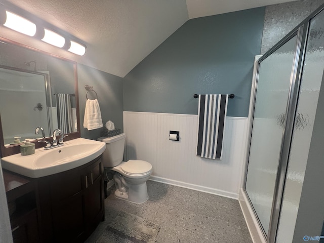 415 County Road 355, Leesburg, AL 35983 - full bath featuring wainscoting, vaulted ceiling, a stall shower, vanity, and a textured ceiling