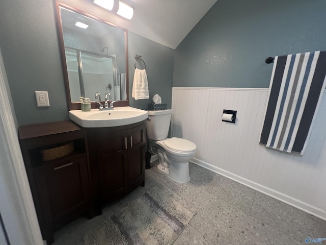 415 County Road 355, Leesburg, AL 35983 - full bathroom with wainscoting, a shower stall, vanity, and vaulted ceiling