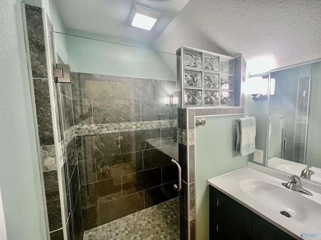 415 County Road 355, Leesburg, AL 35983 - bathroom with a stall shower, vanity, a textured ceiling, a textured wall, and vaulted ceiling