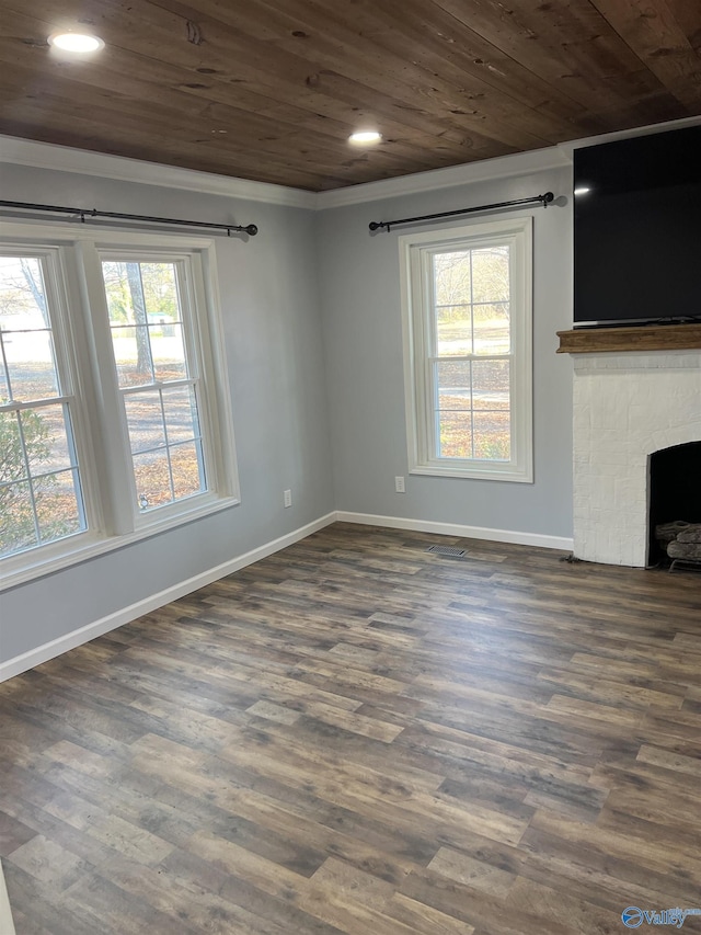 unfurnished living room featuring dark hardwood / wood-style floors, a healthy amount of sunlight, and wood ceiling