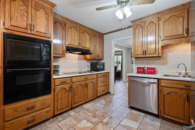 kitchen featuring ceiling fan, crown molding, black appliances, tasteful backsplash, and sink